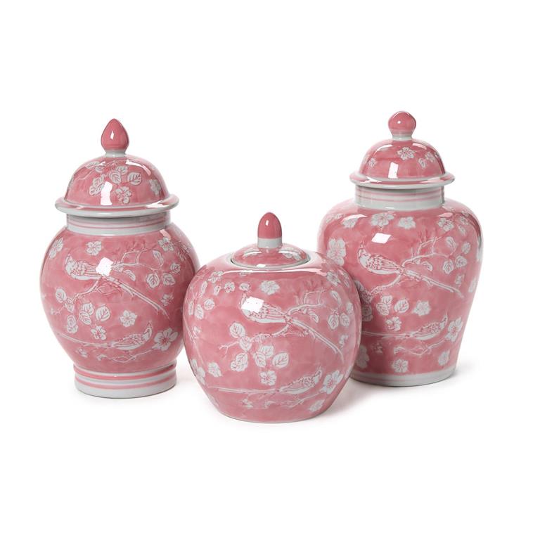 Hand-painted pink chinoiserie covered jars