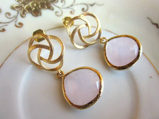 Large Pink Opal Earrings Gold