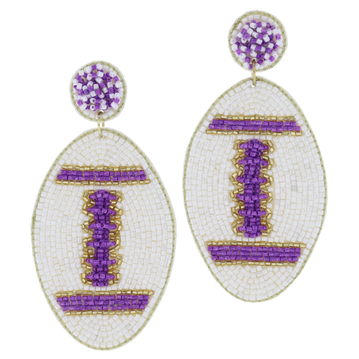 Purple & Ivory Beaded Football Earrings