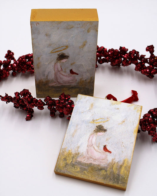 Handpainted Glittered Angel w/cardinal